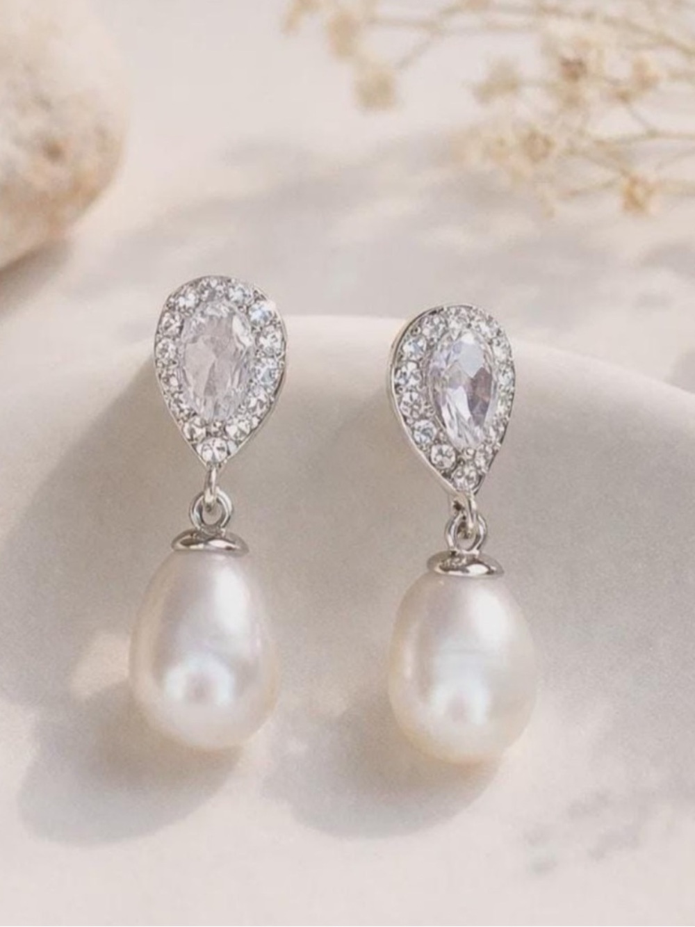 Pearl Drop Earrings Silver Tone Crystal Teardrop Elegant Bridal Jewelry